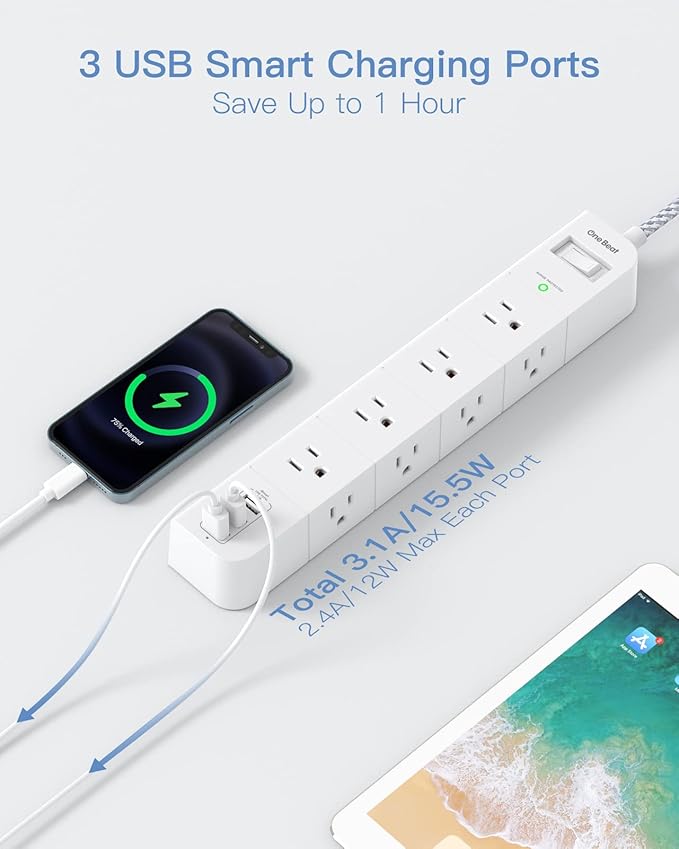 One Beat 15 ft Extension Cord,Power Strip Surge Protector 8 Widely AC Outlets 3 USB,Flat Plug,Desktop Charging Station with Overload Protection,Wall Mount for Home,Office,Travel,Computer ETL Listed