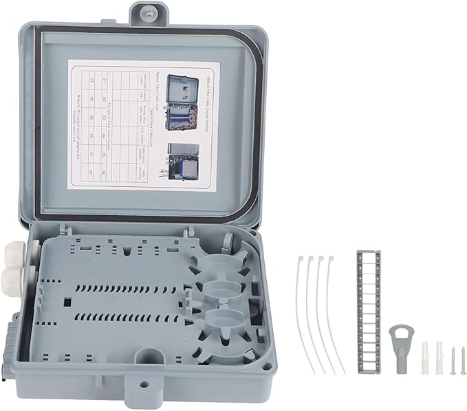 12 Core FTTH Fiber Optic Distribution Box, IP65 water Indoor Outdoor Fiber Optic Enclosure with SCorFCorPLC Adapter, Wall Mountable 25 x 22 x 6.5cm - Optimal for