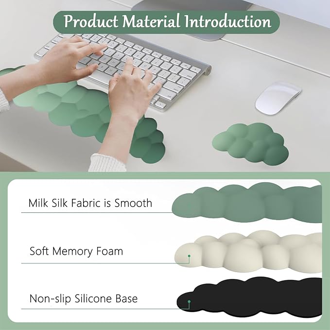 Green Cloud Mouse Pad and Keyboard Wrist Rest 4PCS Extended Forest Mountain Aesthetic Large Desk Mat Pad Set Memory Foam Non-Slip Cute Ergonomic Gaming Mouse Pad Wrist Support for Computer Home Office