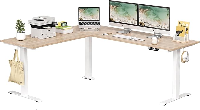 FEZIBO Triple Motor L-Shaped Electric Standing Desk, Height Adjustable Stand up Corner Desk, 63 Inches Sit Stand Workstation with Splice Board, White Frame/Light Walnut Top