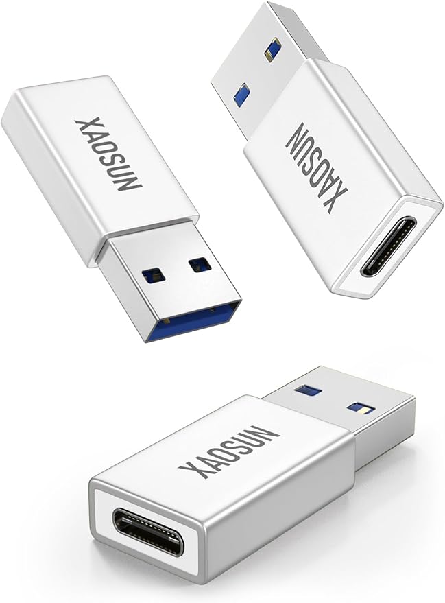 XAOSUN 10Gbps USB to USB C Adapter 3 Pack, 3.1 USBC Female to USB Male Adapter, One-Sided SuperSpeed Data Sync, 100W Fast Charging for iPhone 16 15 14 13, Laptop, Charger, Quest Link, etc, Sliver