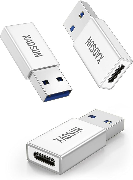 XAOSUN 10Gbps USB to USB C Adapter 3 Pack, 3.1 USBC Female to USB Male Adapter, One-Sided SuperSpeed Data Sync, 100W Fast Charging for iPhone 16 15 14 13, Laptop, Charger, Quest Link, etc, Sliver