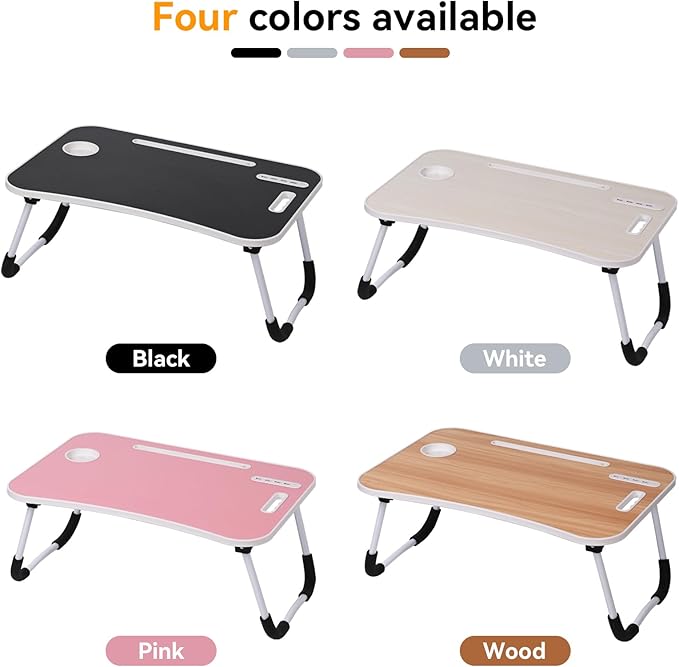 23.6 inch Portable Bed Desk, Folding Lap Desk with 4 USB Ports, Wind Fan, LED Light, Cup Holder and Side Drawer for Working, Reading, Writing, Eating on Bed, Sofa, Floor (Pink)