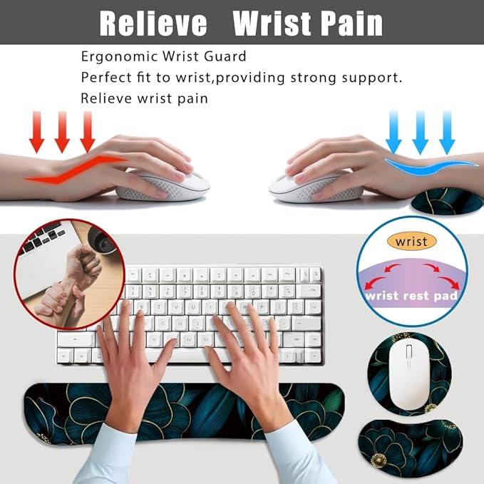 4 in 1 Large Keyboard Mouse Pad Set, Ergonomic Keyboard Wrist Rest Pad, Wrist Support Mousepad Set, Cup Coaster, Extended Desk Mat for Home Game Women Office Desk Decor (Linear Flowers)