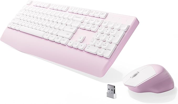 Ergonomic Keyboard and Mouse Combo with Wrist Rest, BK Chipset, Full-Size Colorful Office Keyboard and Mouse, Power Button, USB Receiver for PC Laptop(Pink White)