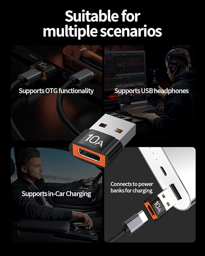 USB to USB C Adapter 10 Pack,10A 200W Fast Charging USB2.0 480Mbps Data Transfer,USB C Female to A Male Charger Converter for Ma-cBook Pad Phone 17/16/15 G-alaxy Xp-eria Smartphone Laptop Tablet Black
