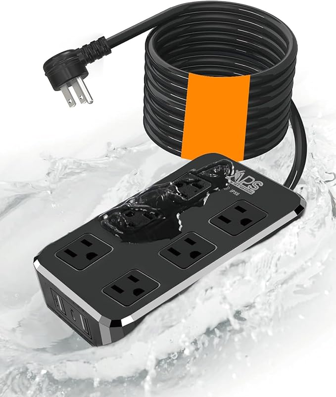 Outdoor Power Strip Weatherproof, Waterproof Surge Protector with 6 Wide Outlet with 3 USB Ports, 10FT Extension Cord,1875W Overload Protection,Outlet Extender for Christmas Lights ETL Listed Black