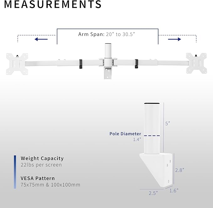 VIVO Premium Dual 21 to 32 inch LCD LED Monitor Wall Mount, Heavy Duty Telescoping Arms, Flush Wall Setup, Fits 2 Screens, White, MOUNT-TS32W