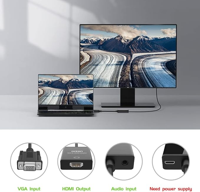 ONTEN VGA to HDMI, 1080P Adapter (Male to Female) for Computer, Desktop, Laptop, PC, Monitor, Projector, HDTV with Audio Cable and USB Cable (1 Pcs)