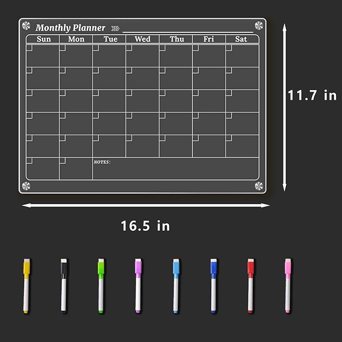 Monthly Dry Erase Calendar for Fridge, Clear Magnetic Calendar Planner with 8 Markers, 16.5"x11.7"