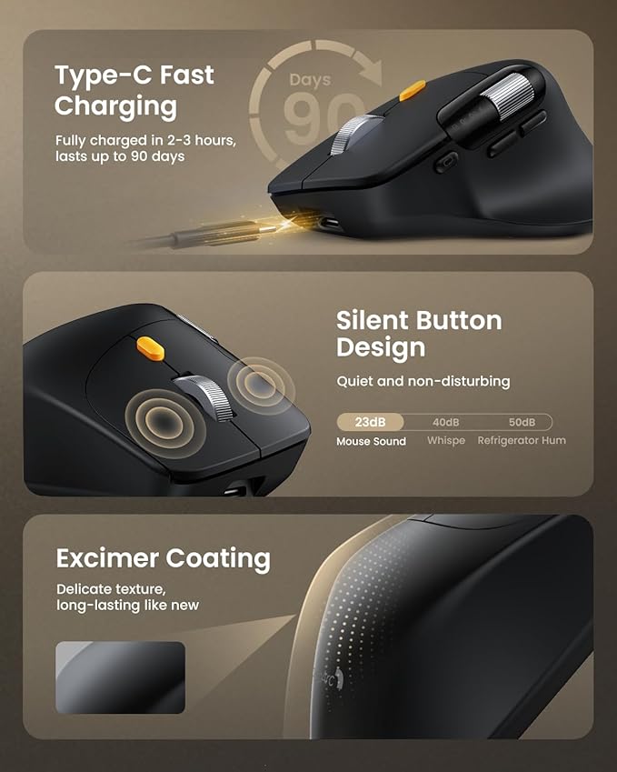 ProtoArc Ergonomic Bluetooth Mouse, EM25 USB Wireless Mouse, Fast Scrolling & Thumb Scroll Wheel, Buttons Customizations, 8000 DPI, Quiet, Rechargeable, Compatible with Windows/Mac/Android, Black
