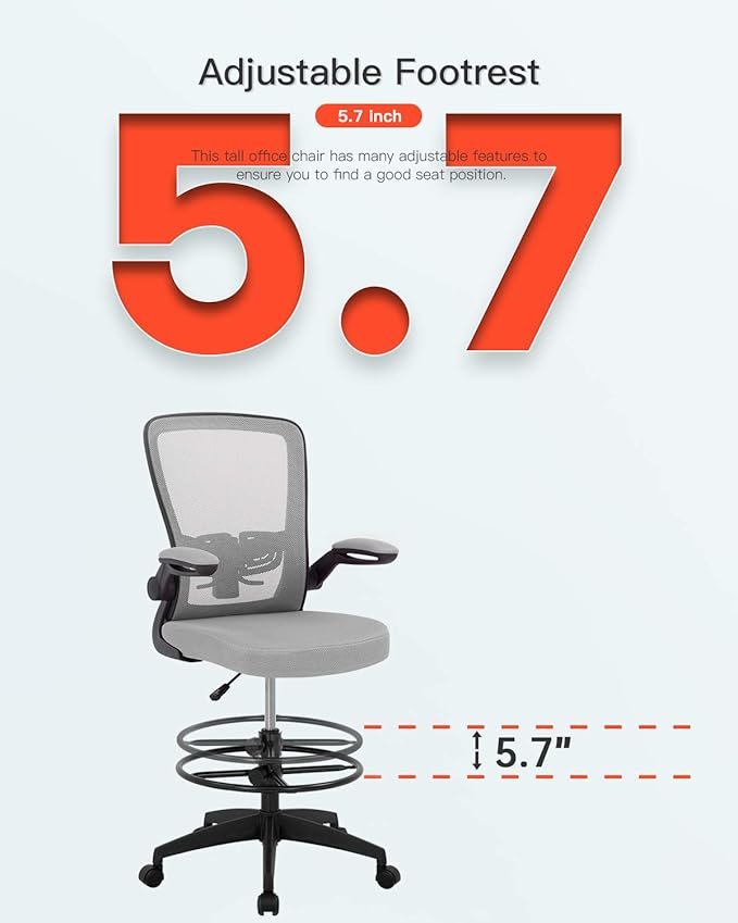 BestOffice Drafting Chair Tall Office Chair Standing Desk Chair with Lumbar Support Height Adjustable Armrest Footrest Mid Back Swivel Rolling Mesh Computer Chair Drafting Stool Grey