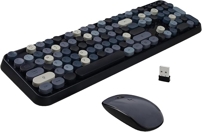 Wireless Keyboard and Mouse Combo, Retro Typewriter Style Bubble Keyboard with Round Keycaps, 2.4GHz Full Size Mixed Color Aesthetic Keyboards and 3 DPI Mouse Set for PC Laptop Desktop - Black Grey