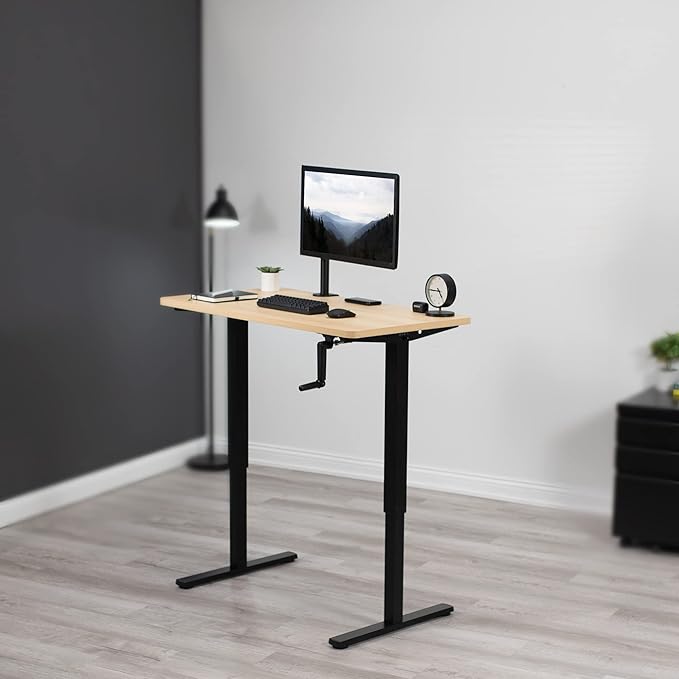 VIVO Manual Height Adjustable 43 x 24 inch Stand Up Desk, Light Wood Solid One-Piece Table Top, Black Frame, Standing Workstation with Foldable Handle, DESK-KIT-MB4C