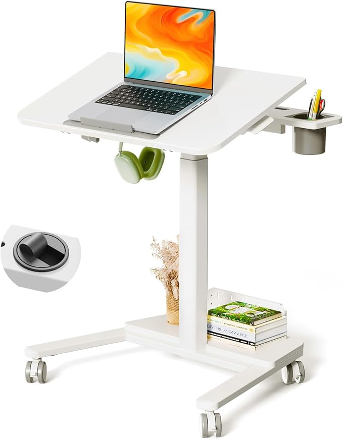 28" Mobile Standing Desk, Height Adjustable Rolling Laptop Cart with 60° Tiltable Top & Storage Shelf, Stand up Desk on Wheels, Portable Workstation for Home Office, White