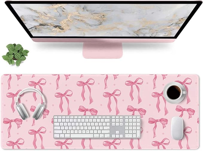 Pink Desk Mat, Pink Mouse Pad with Bows Computer Mat Desk Accessories, Large Gaming Keyboard and Mouse Pad Non-Slip Rubber Base, Cute Girly Office Supplies Desktop Decor for Girls Women 31.5 x 11.8in