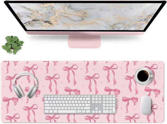 Pink Desk Mat, Pink Mouse Pad with Bows Computer Mat Desk Accessories, Large Gaming Keyboard and Mouse Pad Non-Slip Rubber Base, Cute Girly Office Supplies Desktop Decor for Girls Women 31.5 x 11.8in