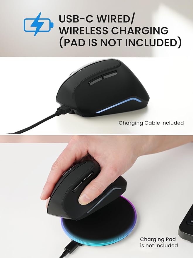 Perixx PERIMICE-715R Wireless Rechargeable Vertical Mouse - Duo Wired and Wireless Charging Feature - 6 Buttons Design - Black - Right-Handed Design