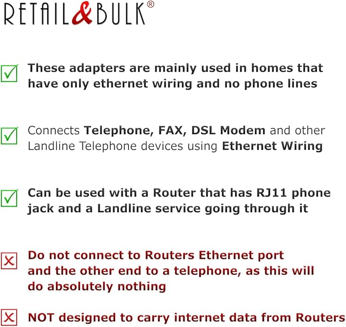1-Pack RJ11 to RJ45 Adapter Phone Line to Ethernet – RJ11 Female to RJ45 Male for Landline, Fax, DSL Modem Connection (Black, Made in USA)