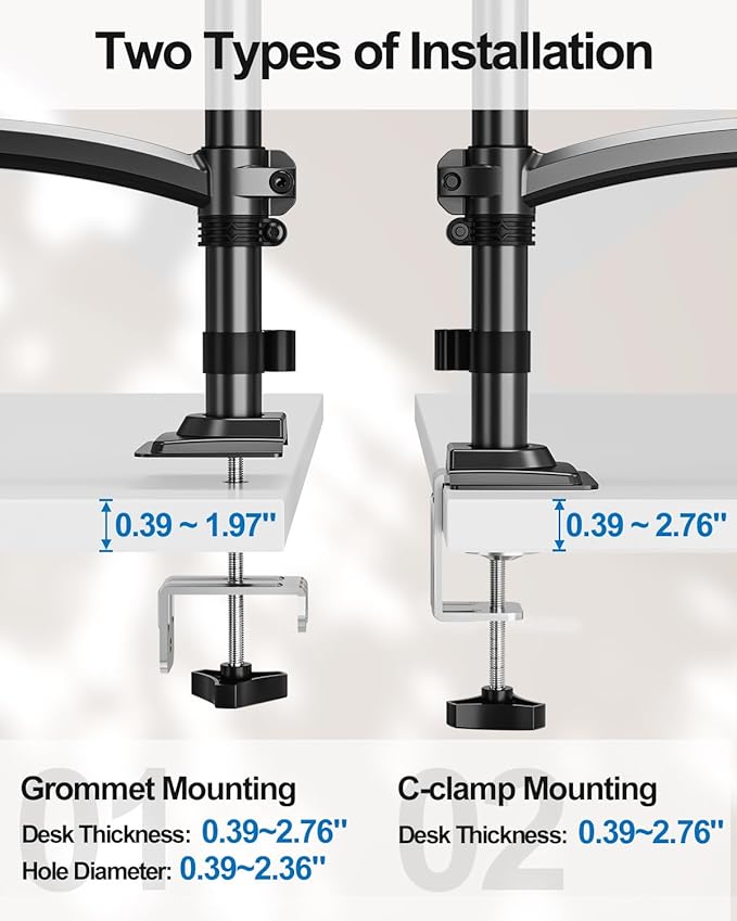 Dual Monitor Stand for Computer Screen up to 32", Taller Monitor Arms Holds 22 lbs Each, Dual Monitor Desk Mount, Height Adjustable Gas Spring VESA Mount with C-clamp Grommet Mounting, Black, Freelift