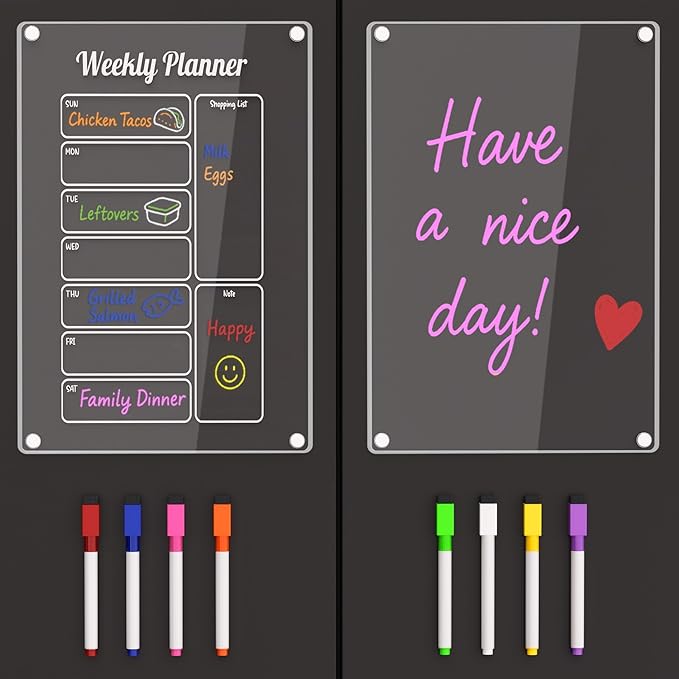 Grtard Acrylic Fridge Calendar Dry Erase Board, 2 Pack Acrylic Calendar for Fridge, 12''x8'' Weekly & Blank Clear Magnetic Planner Whiteboard for Refrigerator with 8 Colorful Markers
