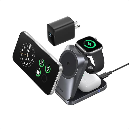 Anker Prime 3-in-1 Wireless Charging Station, MagSafe Charger Stand Compatible, Qi2 25W Certified Palm-Sized Foldable Charger for iPhone 17/16, Apple Watch, AirPods (Non-Battery, Adapter Included)