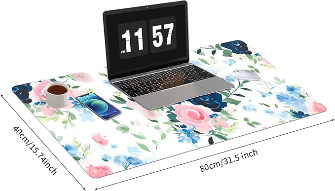 Bloss Pink+Blue Flower Desk Mat, Leather Desk Pad, Desk Matt for Desktop, Waterproof Desk Pad Mat, Computer Mat for Office Work/Home-31.5 x 15.7 Inches