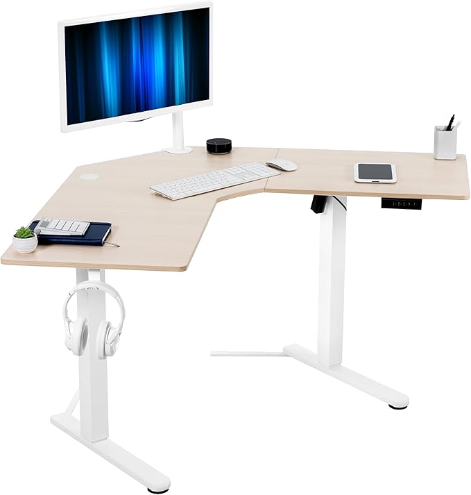 VIVO Electric Corner L-Shaped 47 x 47 in Standing Desk, Memory Height Adjustment, Light Wood Top White Frame, DESK-E1L94C