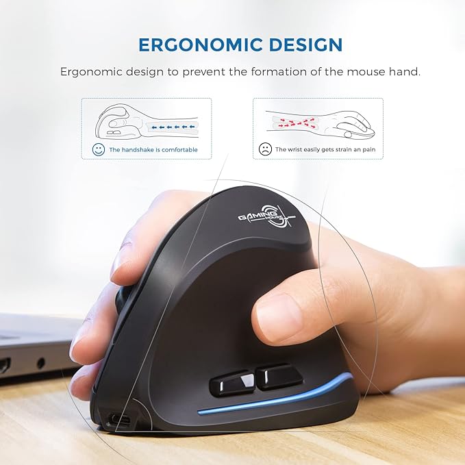 ECHTPower 2024 Update Wireless Ergonomic Mouse, 2.4GHz Rechargeable Vertical Mouse, Silent Right Wireless Mouse, 4800 DPI Adjustable Interface Type C for PC Laptop Computer Mac Windows
