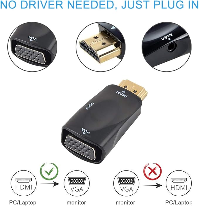 Guamar HDMI to VGA Adapter Converter with 3.5mm Audio Jack Cable for Older Monitor TV Computer Laptop PC Projector Desktop - 1080P HDMI Male to VGA Female Display Gold-Plated