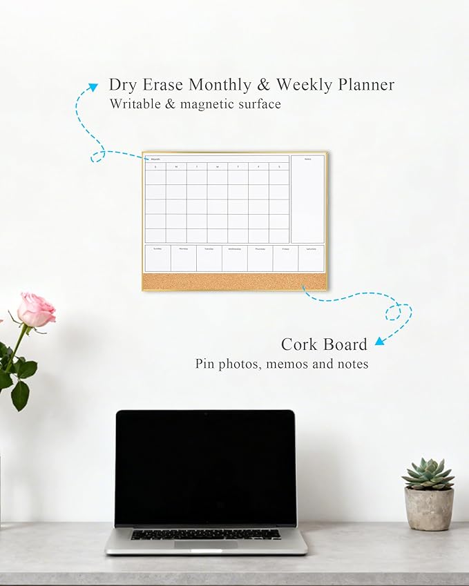 4-in-1 Dry Erase Calendar for Wall with Golden Aluminum Frame, 17x13 inches Magnetic Monthly & Weekly Planner Whiteboard, Cork Board Combo, Hanging White Board for Decor/Memo(4H1-Gold,4333)
