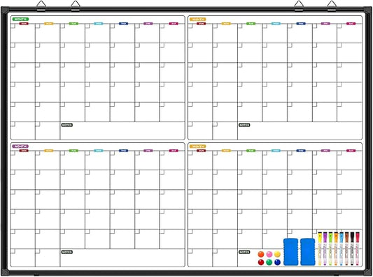 Calendar Whiteboard for Wall 48" x 36", Magnetic 4 Month Dry Erase Calendar for Wall, Dry Erase Board for Home School and Office Organization