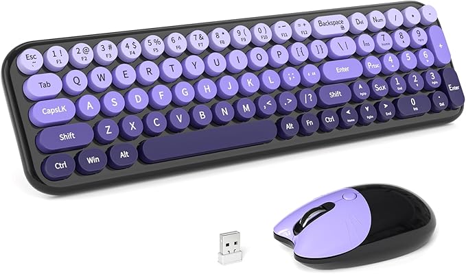 Wireless Keyboard and Mouse Combo, Portable Retro Keyboard with Compact Size, 2 in 1 USB Connected Mouse for Windows 7/8/10, Laptop, Desktop, PC, Computer (Black Purple)
