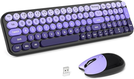 Wireless Keyboard and Mouse Combo, Portable Retro Keyboard with Compact Size, 2 in 1 USB Connected Mouse for Windows 7/8/10, Laptop, Desktop, PC, Computer (Black Purple)