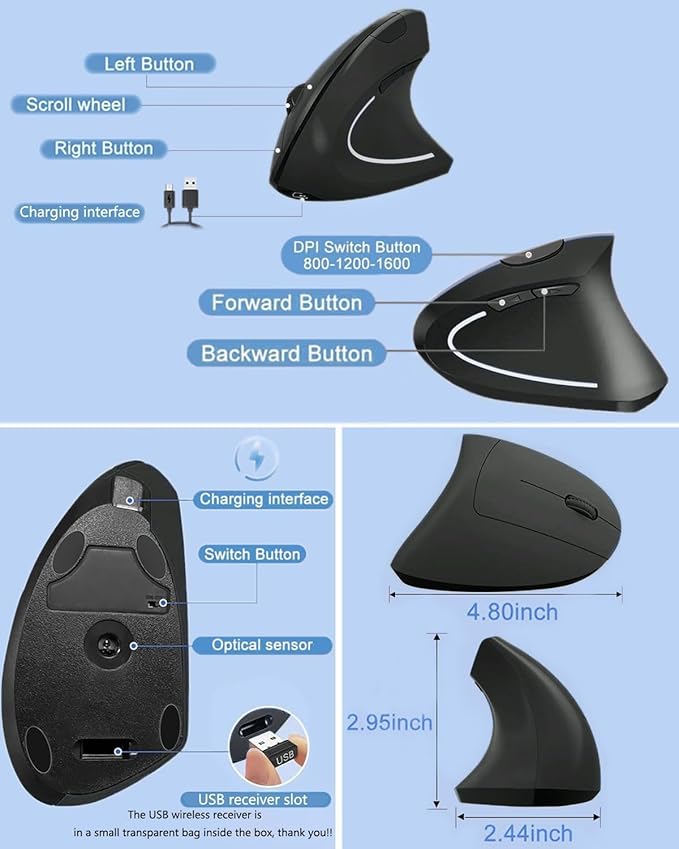 Ergonomic Mouse Wireless, Rechargeable Mouse Silent for Carpal Tunnel Right Hand, 2.4GHz USB Vertical Mouse Wireless for Laptop etc, 3 Adjustable 800/1200/1600 DPI, Black