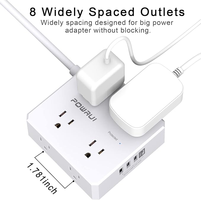 Surge Protector Power Strip - 6 Ft Flat Plug Extension Cord with 8 Widely Outlets and 4 USB Ports(1 USB C), 3 Side Outlet Extender for Home Office, White, ETL Listed