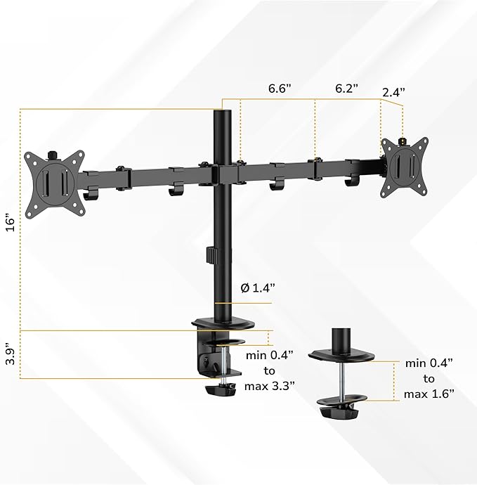 Mount-It! Dual Monitor Stand, Full Motion Desk Mount for 2 Screens up to 32” and 19.8 lbs Each, Tilt Swivel Rotate, VESA 75x75 & 100x100, Adjustable Dual Screen Arm with C-Clamp or Grommet
