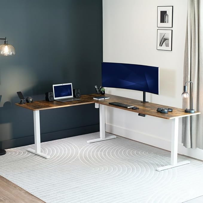 VIVO Extra Large Electric Single Motor Height Adjustable 3-Leg Corner Standing Desk Frame, Holds up to 225 lbs, Sit Stand L-Shaped Motorized Legs Only, White, DESK-E384W