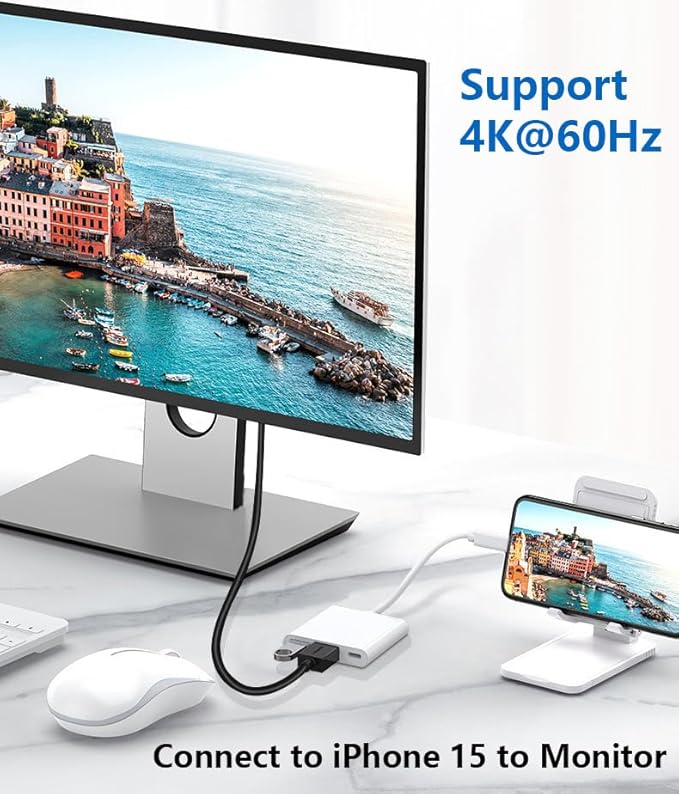 USB-C to HDMI Multiport Adapter with HDMI 4K@60Hz Output USB 3.0 Port and USB-C Charging Port, Type-C to Digital AV Hub for Apple iPhone 15, MacBook Pro/Air, iPad Pro, iMac, Galaxy S22 More (White)