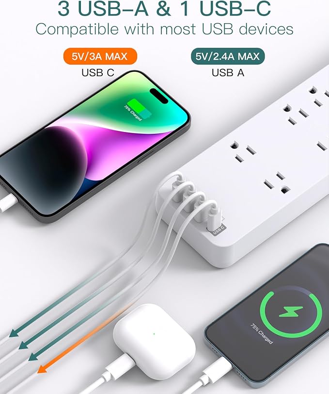 12FT Long Power Strip Surge Protector, Addtam Surge Protector with 10 Outlets and 4 USB Ports, Extension Cord with Flat Plug, 2700 Joules, White