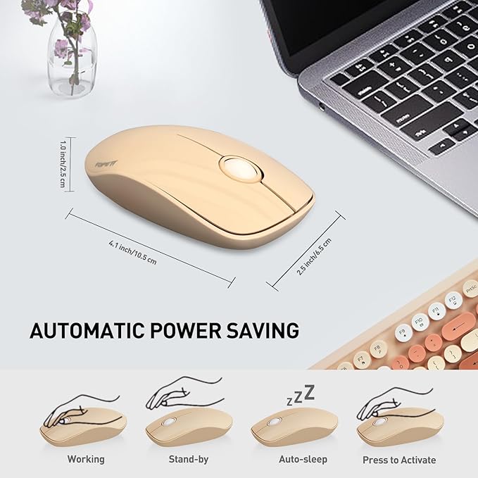 FOPETT 2.4GHz Wireless Keyboard and Mouse Set with Switch Button - Full-Size Keyboard - Compatible for Windows/Laptop/PC/Notebook/Smart TV and More - Milk Tea Colorful