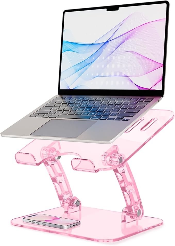 Pink Acrylic Adjustable Laptop Stand,Adjustable Height Foldable Laptop Riser for Desk, Clear Portable Laptop Holder Ergonomic Computer Stand,Compatible with 10-17.3” Laptops (Pink)