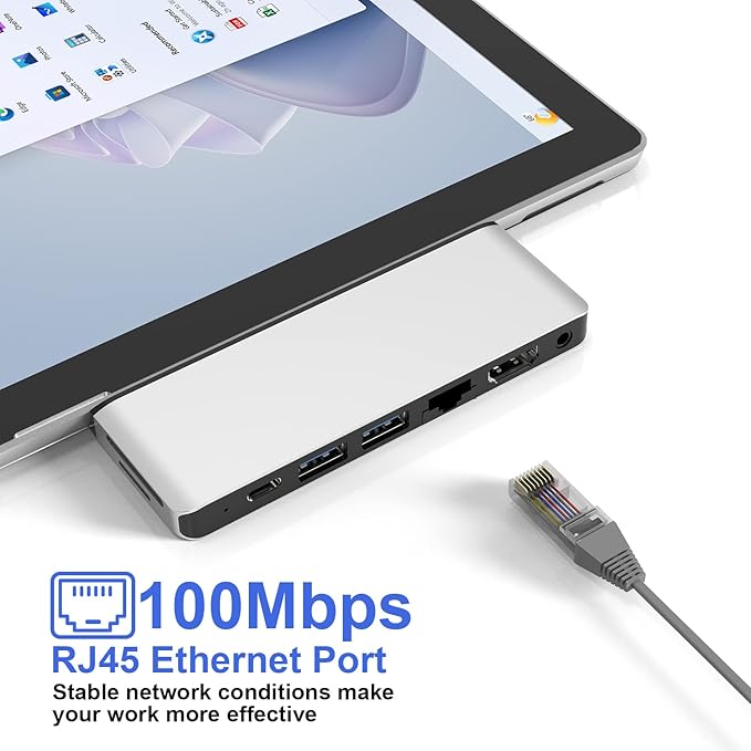 Surface Pro 9/Pro 11 USB Hub Docking Station with 4K HDMI, USB-C Thunerbolt 4(8K@30Hz Video+40G Data+100W Power), 100M RJ45, 2X USB3.0, SD, TF, 3.5mm Audio, Triple Display for Surface Pro 11/10/9/X