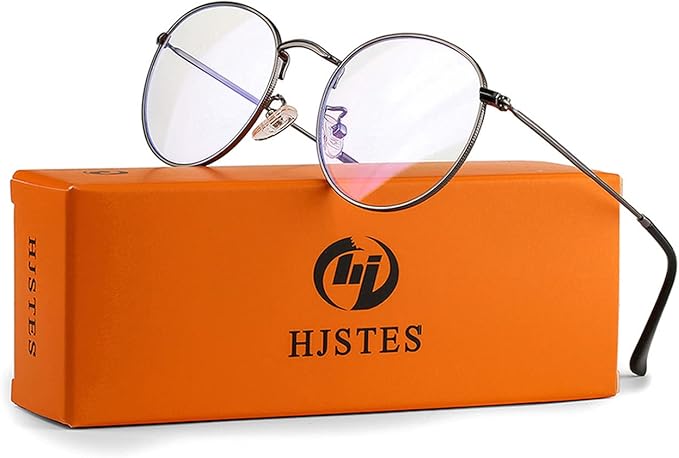HJSTES Round Blue Light Glasses for Women Men Retro Circle Clear Lens Metal Frame Eyeglasses