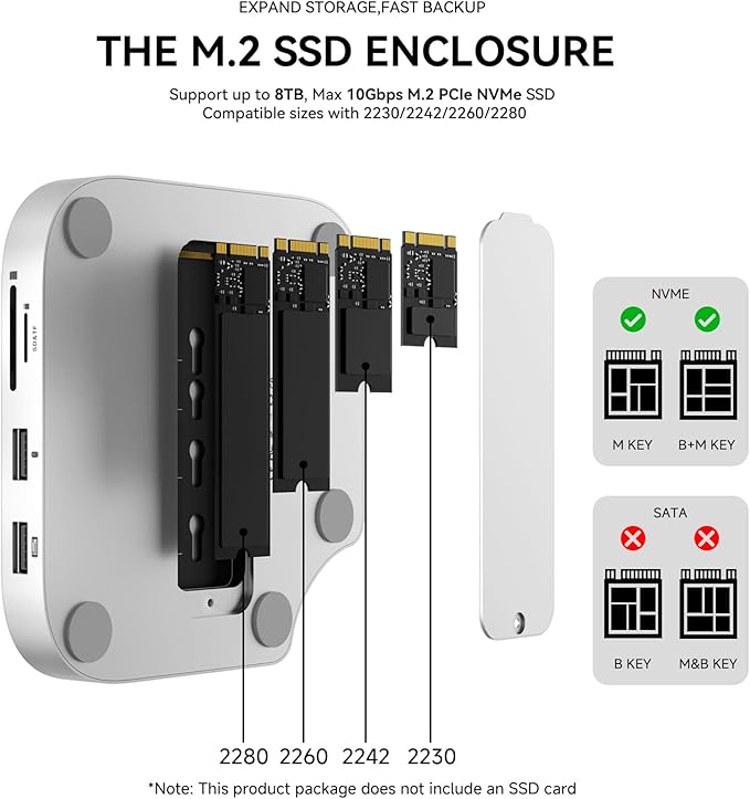 Minisopuru MINI4PRO Mac mini M4 Dock with 4K@60 HDMI, 8TB M.2 NVMe SSD Enclosure, Mac mini Hub & Stand for Mac mini M4 and M4 Pro 2024 (TF/SD Slot, 3* USB-A 2.0, Audio) | Silver