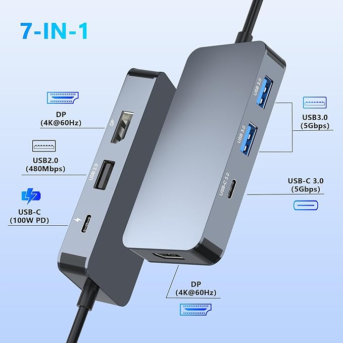 Display port Splitter for Dual Monitors, Dual Display Port USB C Docking Station for Dell/HP/Mac Laptop, 7 IN 1 4K@60Hz Docking Station Dual Monitor with USB3.0/USB-C Data/100W PD, Displayport MST Hub