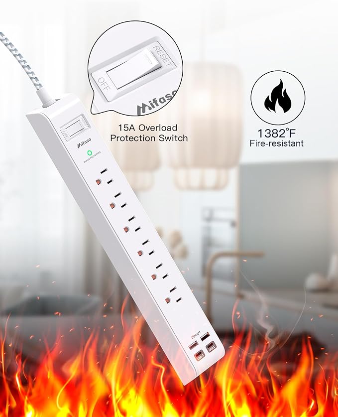 Flat Plug Extension Cord 25FT, Surge Protector Power Strip with 2 USB A Ports 2 USB-C 6 AC Outlets, USB Charging Station, Wall Mountable for Home, Office, Dorm Essentials, 1080J, ETL Listed