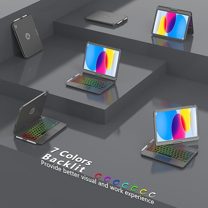 HOTLIFE for iPad A16 11th Generation/10th Generation Case with Keyboard,Touch Keyboard for iPad 11" /10th Gen 10.9 inch 2022-10 Color Backlight, 360° Rotatable Protective Cover (Titanium Gold Grey)