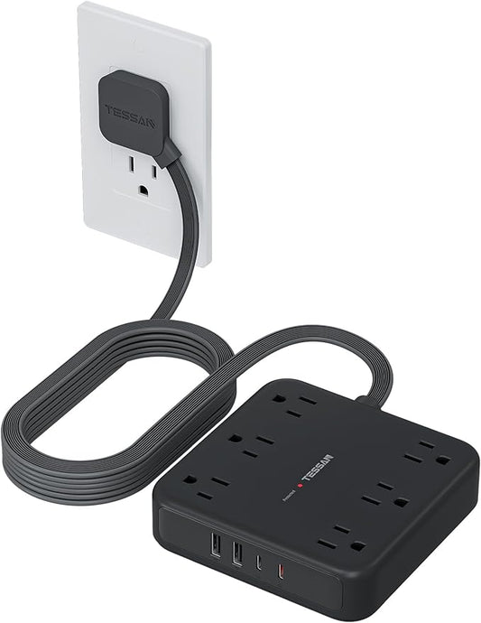 TESSAN Flat Plug Extension Cord 15 Ft, 2100J Surge Protector Power Strip with 6 Outlets and 4 USB Ports (2 USB C), PD 20W Fast Charger, Multiple Charging Station for Home Office Dorm Room, Black