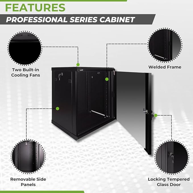 NavePoint 12U Wall Mount Network Cabinet for 19” IT Equipment, A/V, Tempered Glass Door, Locks, 2 Fans, 450mm Depth, Max Weight 132 lbs